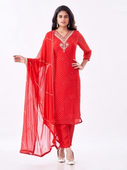 Amchoor - Women Red Art Silk Printed Kurta with Pant and Dupatta