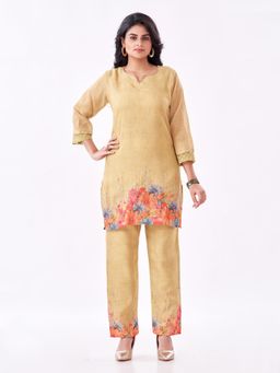 Amchoor - Women Beige Linen Floral Kurta with Pant