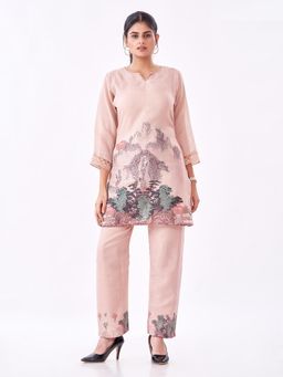 Amchoor - Women Peach Linen Embroidered Kurta with Pant