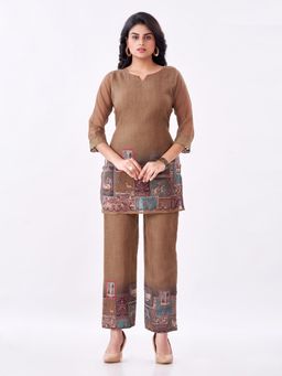 Amchoor - Women Olive Linen Geometric Kurta with Pant