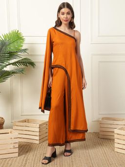 Deebaco - Women Tan Rayon Embroidered Tunic with Palazzo