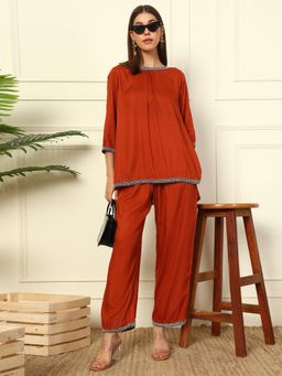 Deebaco - Women Tan Rayon Embroidered Tunic with Pant