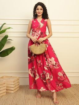 Deebaco - Women Magenta Rayon Abstract Waistcoat with Skirt