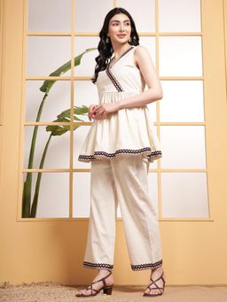 Deebaco - Women Off White Cotton Embellished Top with Pant