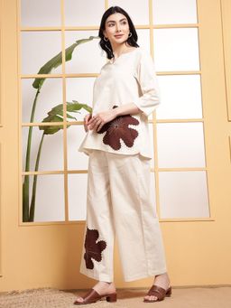 Deebaco - Women Off White Cotton Embroidered Top with Pant