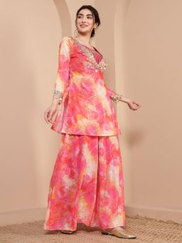 Deebaco - Women Multi-Color Georgette Tie & Dye Kurta with Crop Top with Sharara