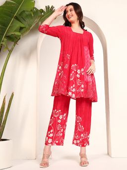 Deebaco - Women Red Viscose Floral Tunic with Pant