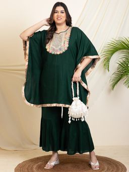 Deebaco - Women Green Rayon Embroidered Kaftan with Sharara