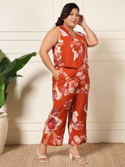 Deebaco - Women Brown Rayon Abstract Waistcoat with Pant