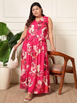 Deebaco - Women Magenta Rayon Abstract Waistcoat with Skirt