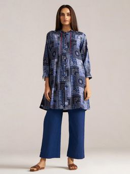 Ganga Fashions - Women Blue Cotton Printed Kaftan with Pant
