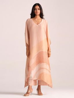 Ganga Fashions - Women Peach Silk Self Design Kaftan with Pant
