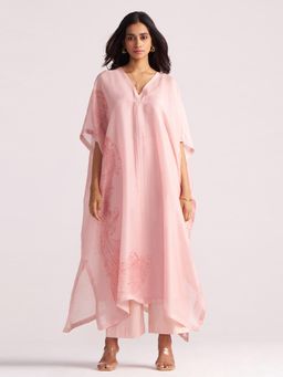 Ganga Fashions - Women Pink Silk Printed Kaftan with Pant