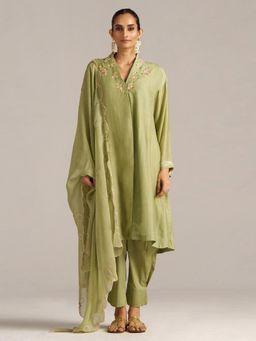 Ganga Fashions - Women Green Silk Embellished Top with Pant and Dupatta