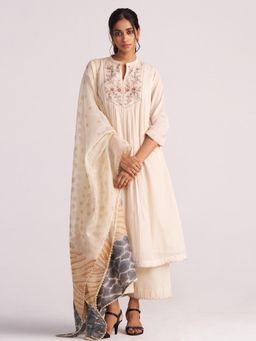 Ganga Fashions - Women Beige Mul Embroidered Anarkali with Palazzo and Dupatta