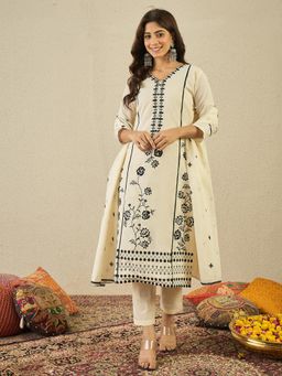 INDDUS - Women Off White Cotton Embroidered Kurta with Pant and Dupatta