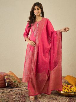 INDDUS - Women Red Cotton Woven Kurta with Pant and Dupatta