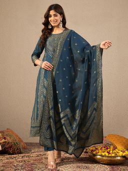 INDDUS - Women Teal Cotton Woven Kurta with Pant and Dupatta