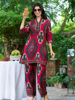 KAFTANIZE - Women Pink Viscose Rayon Embellished Tunic with Pant