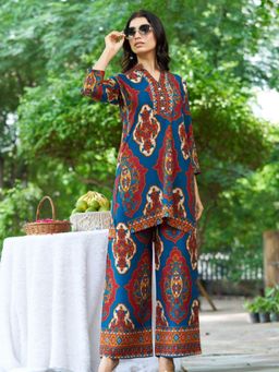 KAFTANIZE - Women Blue Viscose Rayon Embellished Tunic with Pant