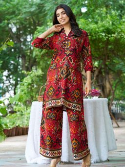 KAFTANIZE - Women Red Viscose Rayon Embellished Tunic with Pant