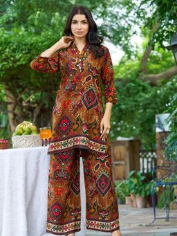 KAFTANIZE - Women Brown Viscose Rayon Embellished Tunic with Pant