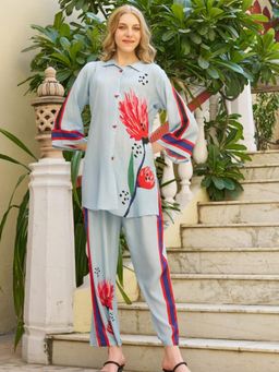 KAFTANIZE - Women Blue Polyester Floral Tunic with Pant