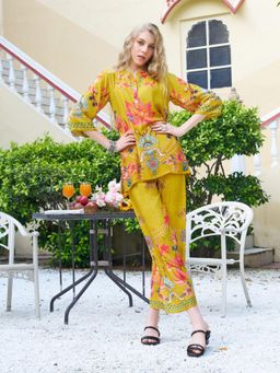 KAFTANIZE - Women Mustard Viscose Rayon Floral Tunic with Pant