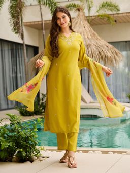 Lush Glam - Women Yellow Rayon Embroidered Kurta with Pant and Dupatta