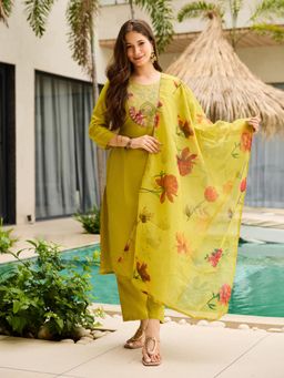 Lush Glam - Women Mustard Rayon Embroidered Kurta with Pant