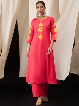 Lush Glam - Women Red Pure Cotton Embroidered Kurta with Palazzo