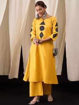 Lush Glam - Women Yellow Pure Cotton Embroidered Kurta with Palazzo