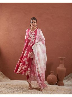 MAAND - Women Pink Cotton Floral Anarkali Kurta with Pant and Dupatta