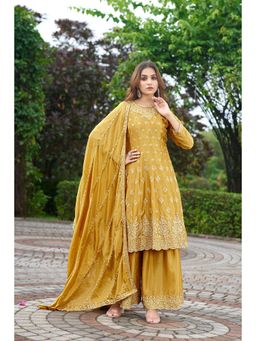 Miss Ethnik - Women Yellow Chinon Embroidered Kurta with Palazzo and Dupatta