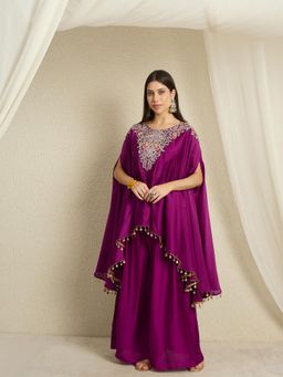 Miss Ethnik - Women Purple Chinon Embroidered Kaftan Kurta with Palazzo