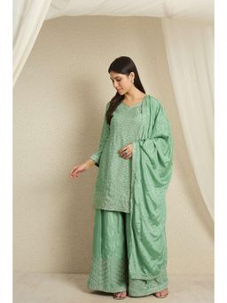 Miss Ethnik - Women Green Chinon Embroidered Kurta with Palazzo and Dupatta