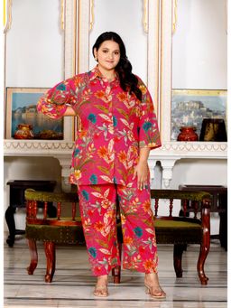 Swasti - Women Red Cotton Floral Top with Pant