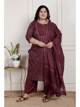 Swasti - Women Purple Cotton Floral Kurta with Pant and Dupatta