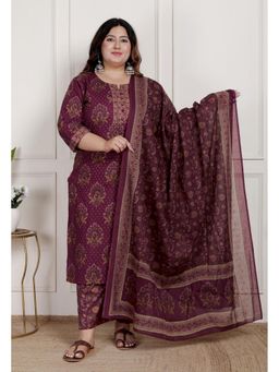 Swasti - Women Maroon Cotton Floral Kurta with Pant and Dupatta