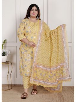 Swasti - Women Yellow Cotton Floral Kurta with Pant and Dupatta