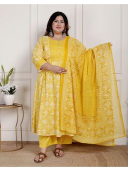 Swasti - Women Yellow Cotton Printed Anarkali Kurta with Pant and Dupatta