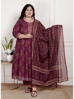 Swasti - Women Maroon Cotton Floral Anarkali Kurta with Pant and Dupatta