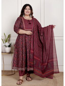 Swasti - Women Purple Cotton Floral Anarkali Kurta with Pant and Dupatta