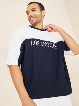 Styli - Colorblocked Waffle Knit Boxy T-Shirt Embroidery Detail White & Navy Blue