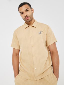 Styli - Striped Relaxed Fit Shirt Embroidery Badge Beige