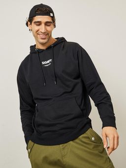 Styli - Minimal Chest Puff Print Fleece Relaxed Fit Hoodie Black