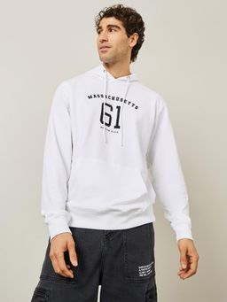 Styli - Chest Varsity Printed Terry Relaxed Fit Hoodie White