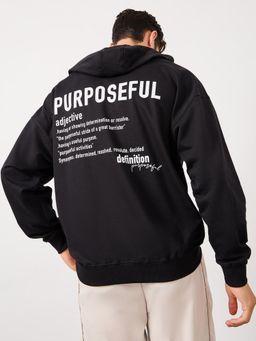 Styli - Back Slogan Print Fleece Oversized Hoodie Black