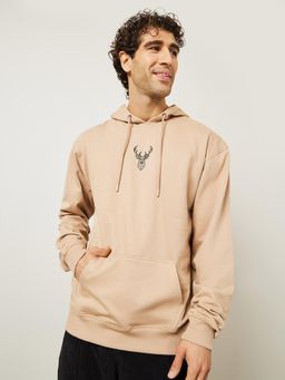 Styli - Minimal HD Print Solid Fleece Relaxed Fit Hoodie Beige