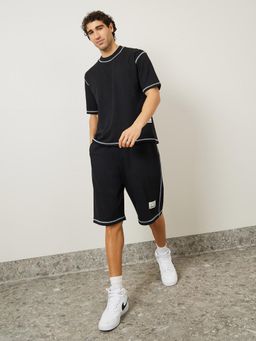 Styli - Oversized Contrast Overlock Terry Black T-Shirt & Shorts Co-Ords (Set of 2)